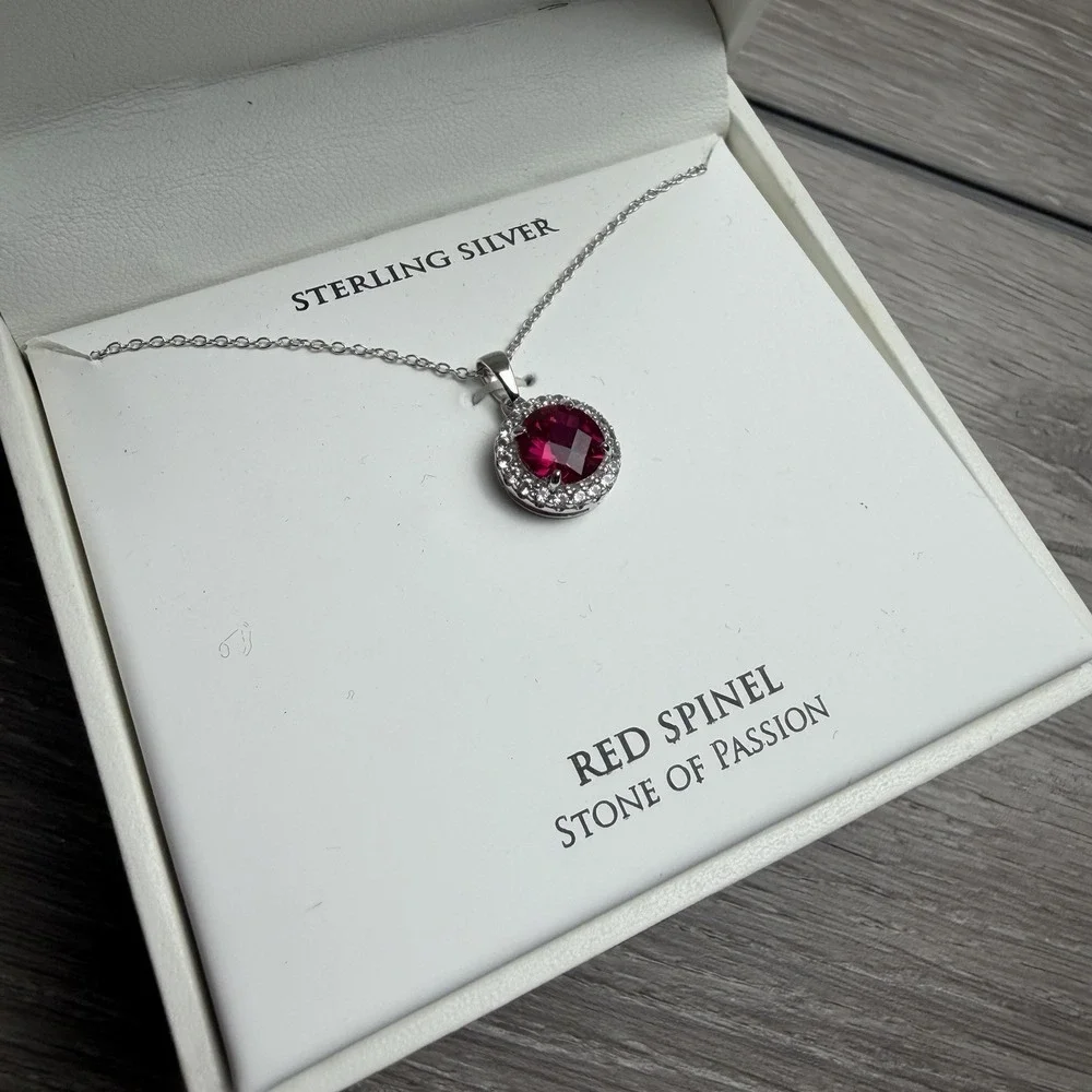Macy's R.H. Macy & Co Fine Jewelry Red Spinel Halo Pendant Necklace 925 New